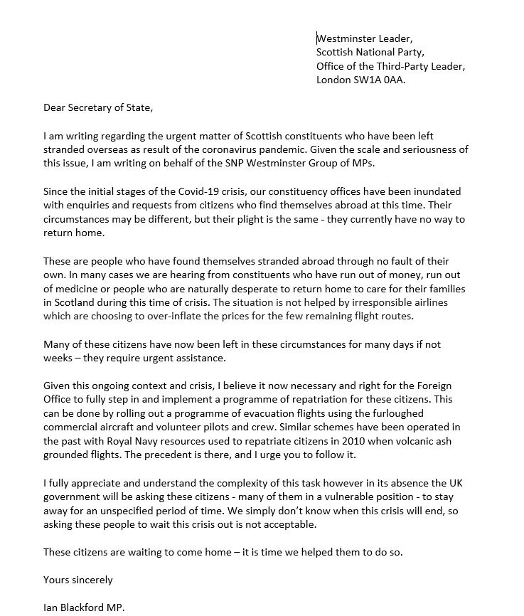 Citizens from across the UK find themselves stranded abroad with no way to return home.

While these issues are complex, we cannot leave our citizens alone. The UK government must take action urgently to bring them home. I've written to the UK government on this very issue.