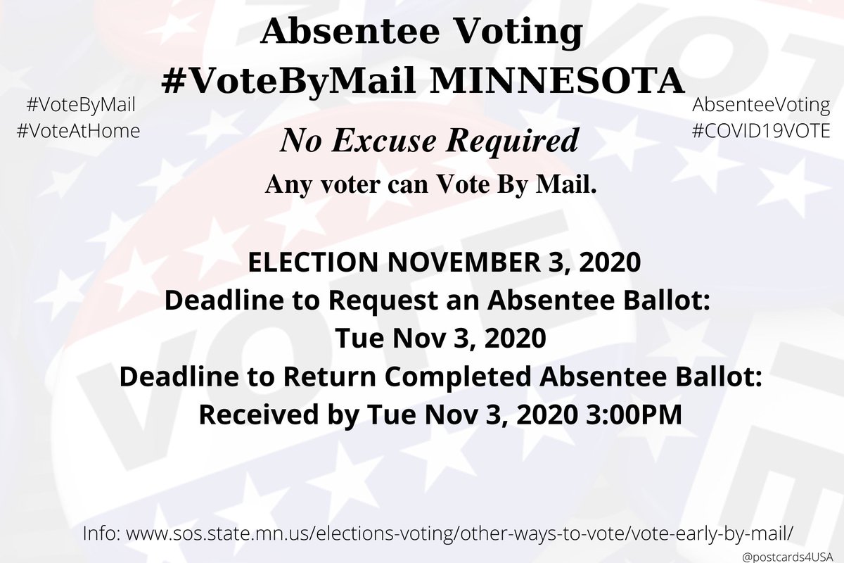 MINNESOTA  #MN  #VoteByMailApplication  https://sos.state.mn.us/media/2444/english-regular-absentee-ballot-application.pdfInfo  https://sos.state.mn.us/elections-voting/other-ways-to-vote/vote-early-by-mail/County Election Offices  https://sos.state.mn.us/elections-voting/find-county-election-office/ #AbsenteeVoting  #DemCastMN THREAD  #PostcardsforAmerica  @WatchYourRepsMN  #COVID19VOTE