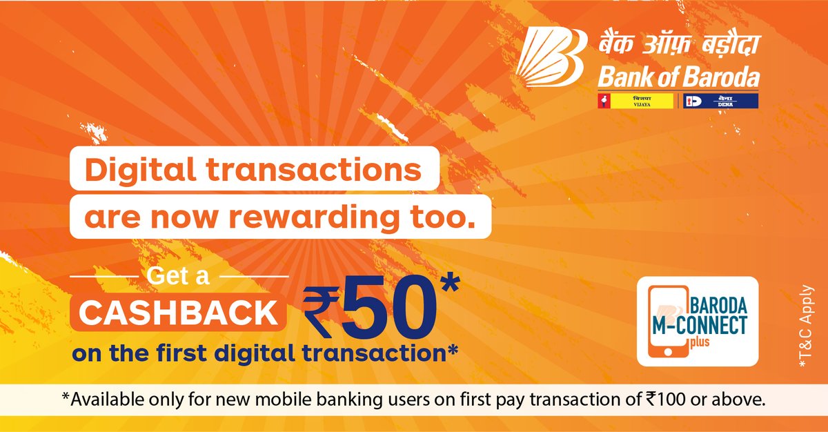 bankofbaroda's tweet photo. Enjoy the double benefit of banking without stepping out and earning cashback while you transact through #BarodaMConnectPlus app. Switch to a safer and more rewarding mode of banking today! #StaySafeBankSafe #GoDigital https://t.co/iSS0nXdm0F https://t.co/yygmkQMcAb