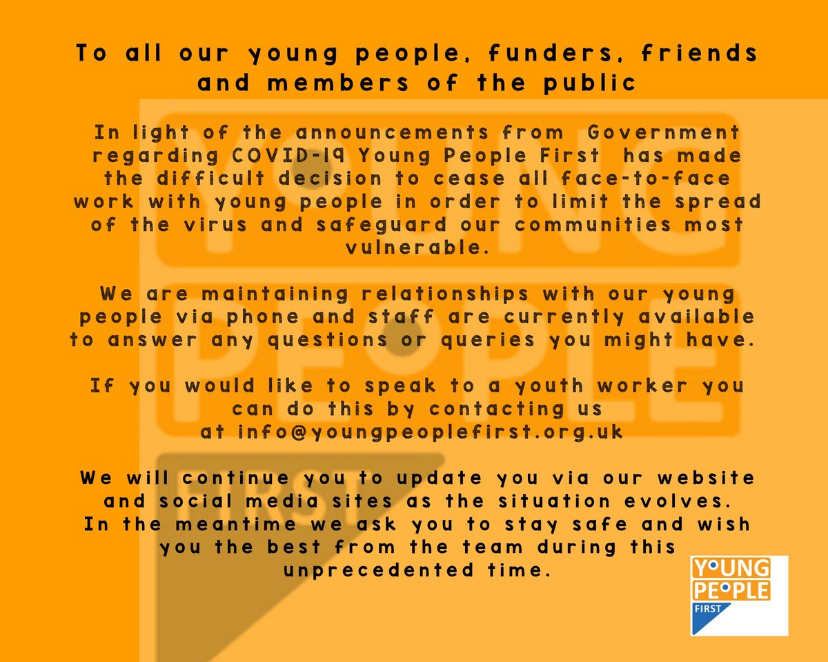 At Young People First we would like to reassure you of the measures we are taking to help limit the spread of COVID-19 #StaySafe #StayConnected