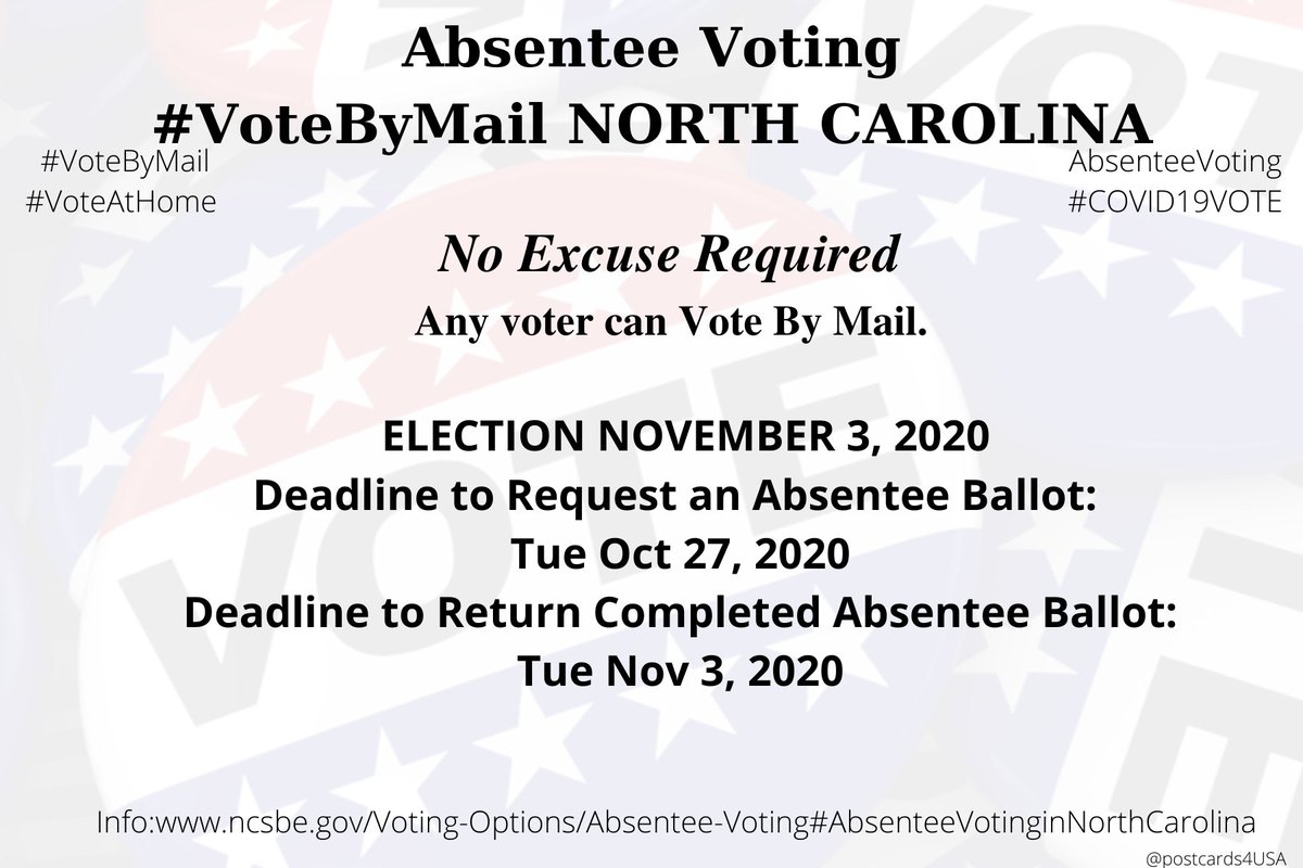 NORTH CAROLINA  #NC  #VoteByMailApplication  https://s3.amazonaws.com/dl.ncsbe.gov/Forms/NCAbsenteeBallotRequestForm.pdfInfo  https://www.ncsbe.gov/Voting-Options/Absentee-Voting#AbsenteeVotinginNorthCarolinaCounty Boards  https://vt.ncsbe.gov/BOEInfo/  #AbsenteeVoting  #DemCastNC THREAD  #PostcardsforAmerica