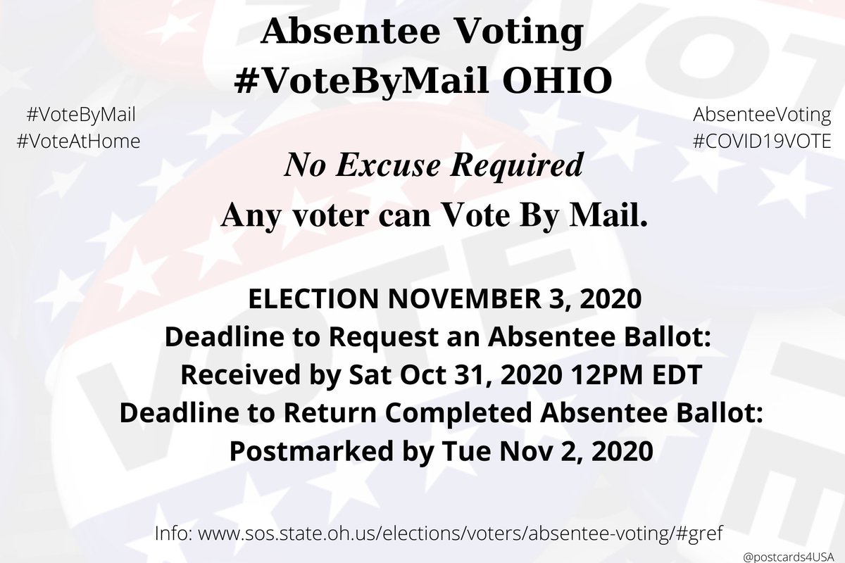 OHIO  #OH  #VoteByMailApplication  https://www.sos.state.oh.us/globalassets/elections/forms/11-a_english.pdfInfo  https://www.sos.state.oh.us/elections/voters/absentee-voting/#grefCounty Boards  https://www.sos.state.oh.us/elections/elections-officials/county-boards-of-elections-directory/* Primary Apply by May 26th at noon Return postmarked no later than June 1st #AbsenteeVoting  #DemCastOH THREAD  #PostcardsforAmerica