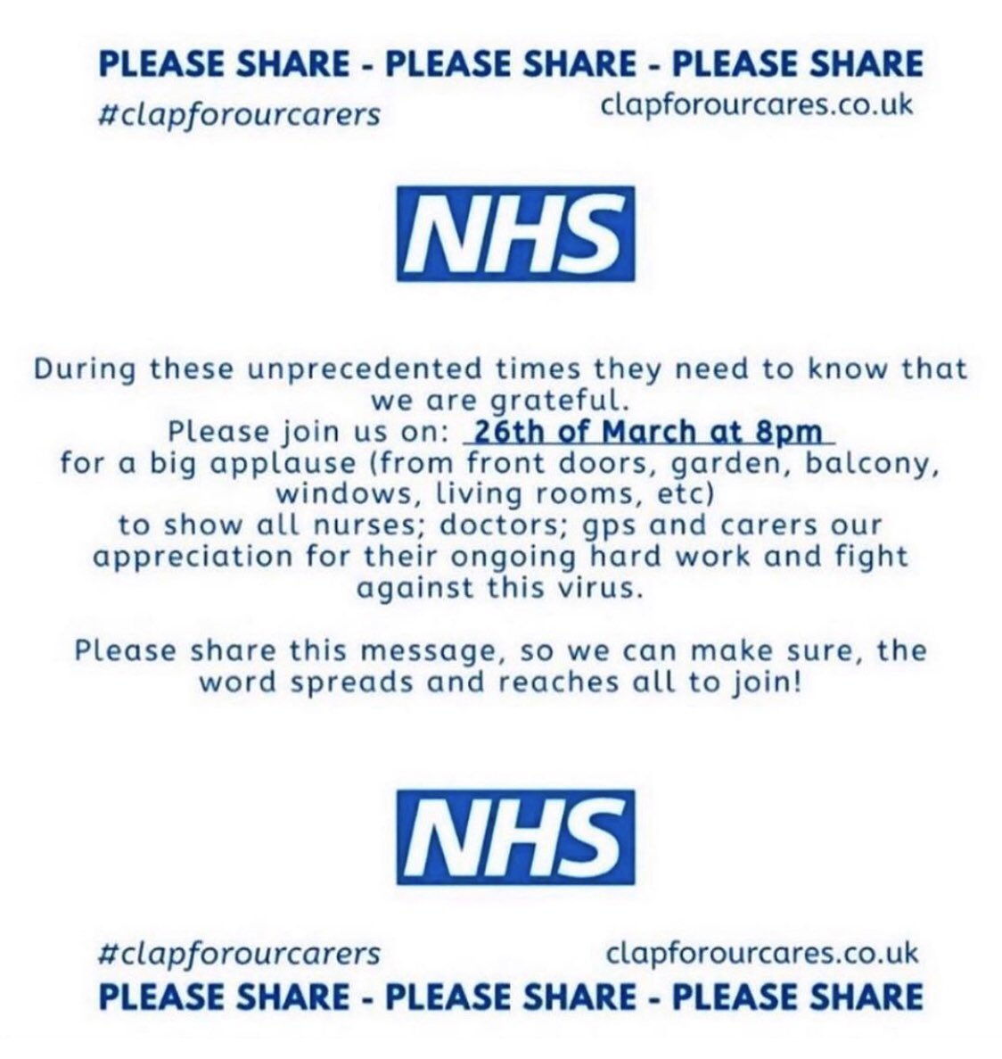 Tonight at 8pm, let’s show our appreciation to the heroes that are the <a href="/NHSuk/">NHS</a> 🙏🏻👏🏼