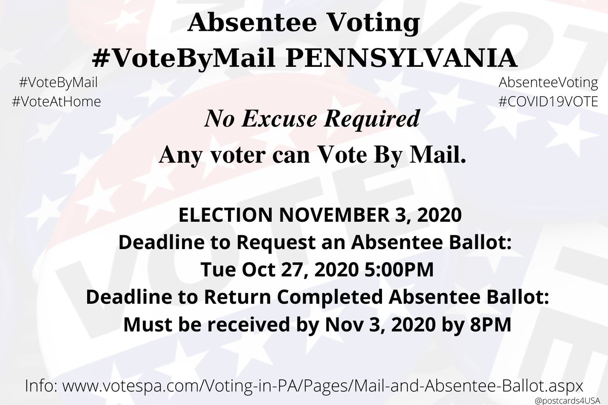 PENNSYLVANIA  #PA  #VoteByMailApplication  https://www.votespa.com/Register-to-Vote/Documents/PADOS_MailInApplication.pdfOnline  https://www.pavoterservices.pa.gov/OnlineAbsenteeApplication/#/OnlineAbsenteeBeginInfo  https://www.votespa.com/Voting-in-PA/Pages/Mail-and-Absentee-Ballot.aspxCounty Election Officials  https://www.votespa.com/Resources/Pages/Contact-Your-Election-Officials.aspx*Primary Apply by April 21st at 5PM Return received by April 28th, 8PM #AbsenteeVoting  #DemCastPA THREAD