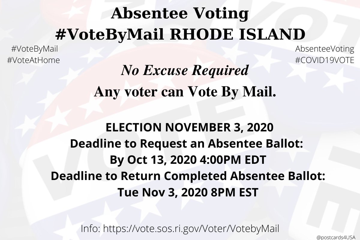 RHODE ISLAND  #RI  #VoteByMailApplication:  https://vote.sos.ri.gov/DataInformation/PublicationsInfo  https://vote.sos.ri.gov/Voter/VotebyMailBoard of Canvassers  https://vote.sos.ri.gov/Elections/LocalBoardsEMERGENCY Mail Ballot https://elections.ri.gov/voting/emergency.php*Primary Apply by April 7 by 4pm, Return by received by 8PM April 28 #AbsenteeVoting THREAD