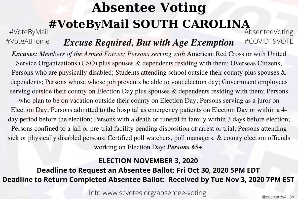 SOUTH CAROLINA  #SC  #VoteByMailApplication  https://info.scvotes.sc.gov/eng/voterinquiry/VoterInformationRequest.aspxInfo  https://www.scvotes.org/absentee-voting  https://www.scvotes.org/images/Brochures/Absentee%20Web%20Version.pdf https://www.scvotes.org/march-april-elections-postponed-due-coronavirus #AbsenteeVoting  #DemCastSC THREAD  #PostcardsforAmerica  @Postcards4USASC