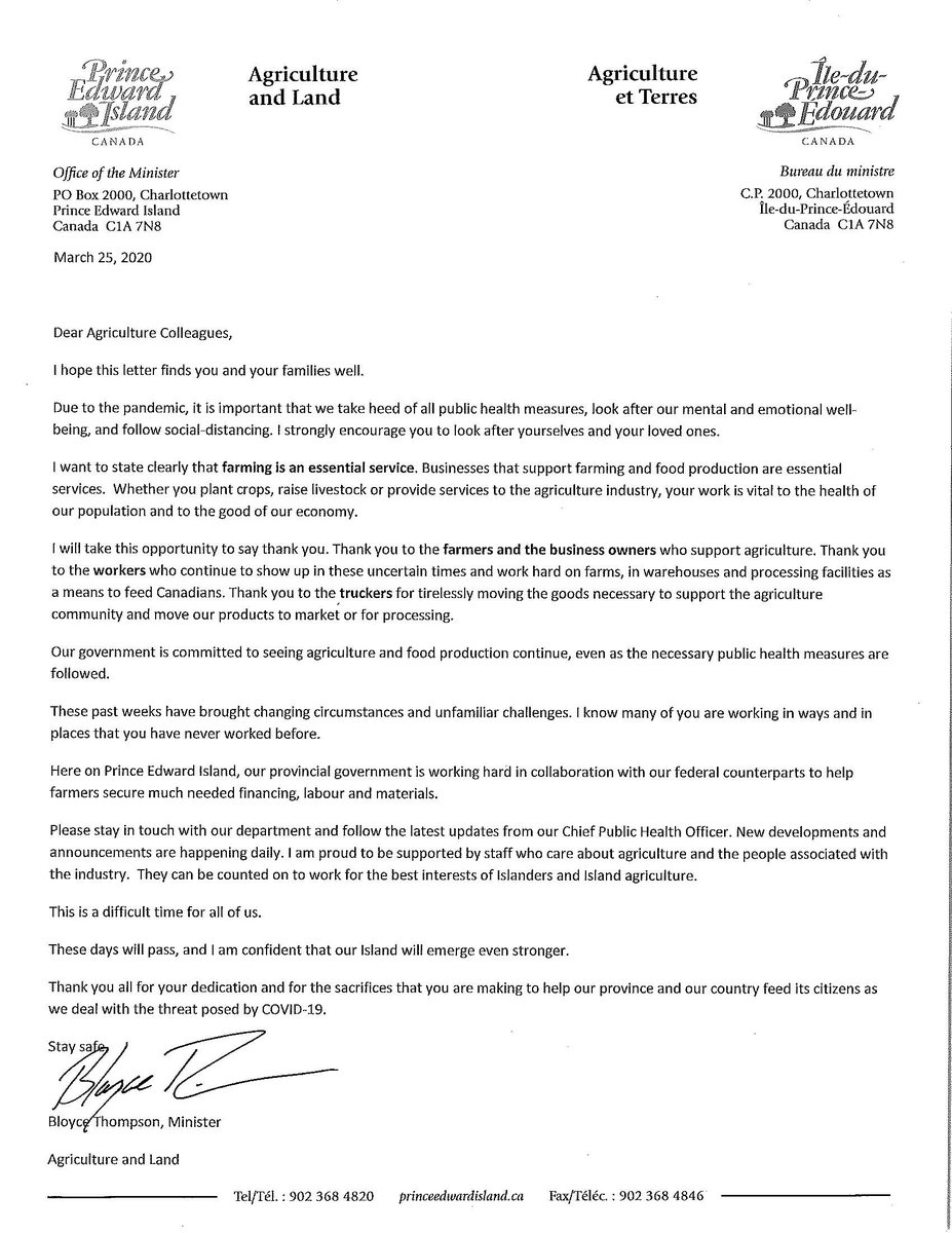 Agriculture is an essential service.
Minister Bloyce Thompson wrote to Prince Edward Island's agriculture industry to thank farmers, workers and agri-businesses for their work to feed Canadians in these uncertain times.