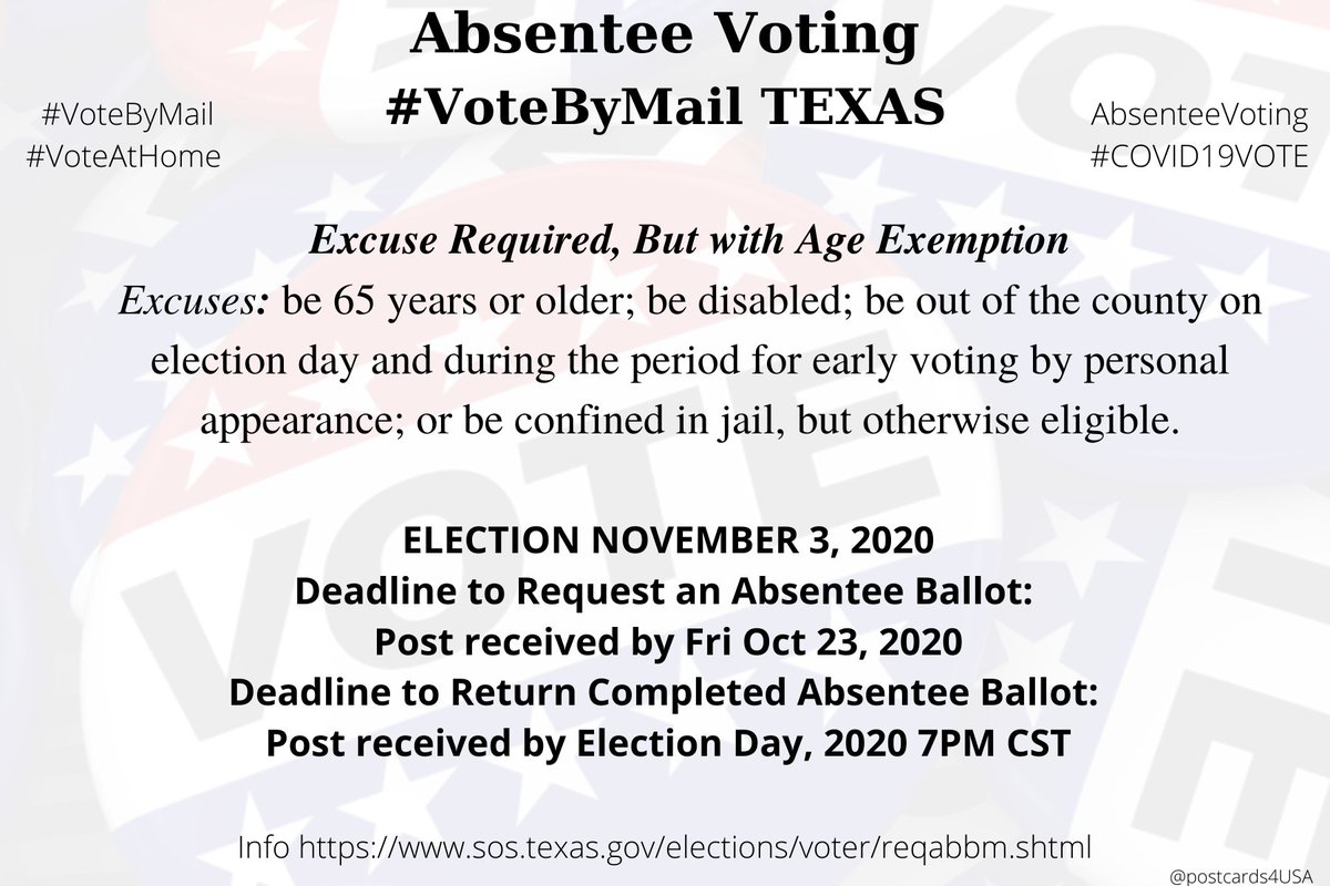 TEXAS  #TX  #VoteByMailApplication  https://webservices.sos.state.tx.us/forms/5-15f.pdf Online  https://webservices.sos.state.tx.us/vrrequest/bbm.aspInfo  https://www.sos.texas.gov/elections/voter/reqabbm.shtml County Election Offices  https://www.sos.texas.gov/elections/voter/links.shtml#County #AbsenteeVoting  #DemCastTX THREAD  #PostcardsforAmerica