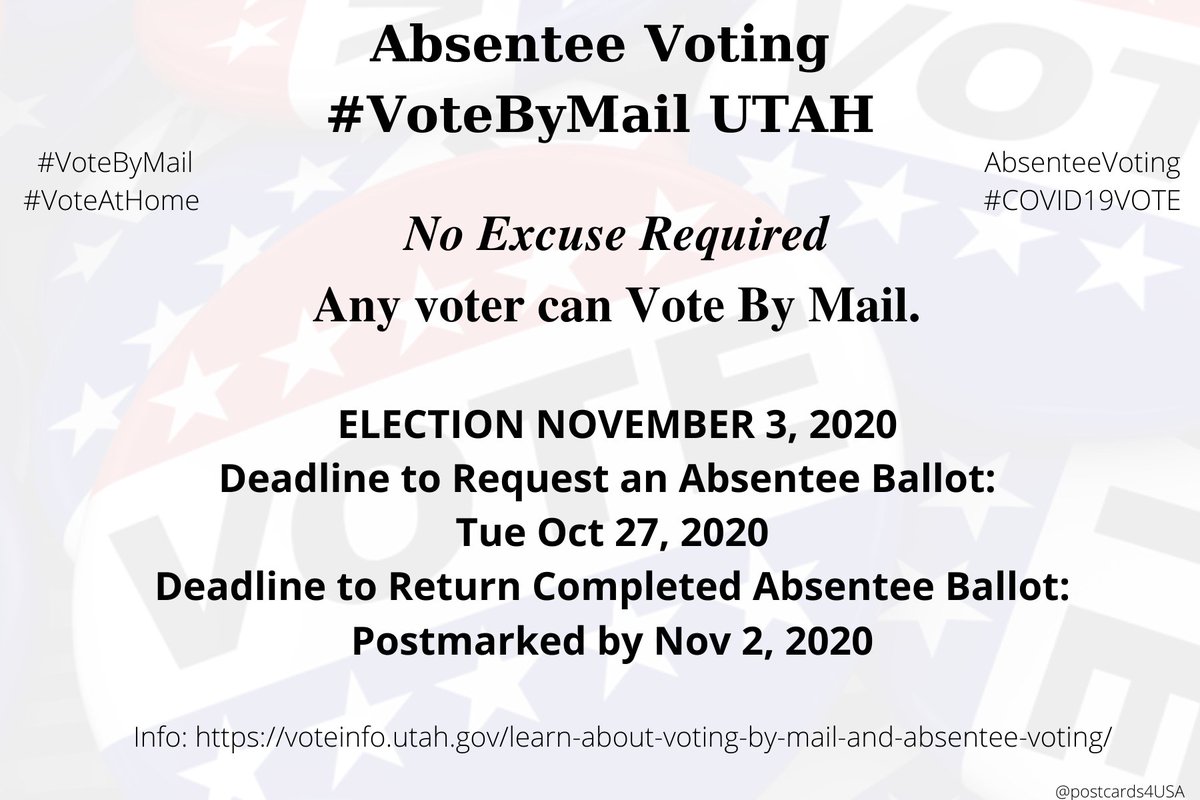 UTAH  #UT  #VoteByMailApplication  https://secure.utah.gov/voterreg/login.html?selection=VOTE_BY_MAILInfo  https://voteinfo.utah.gov/learn-about-voting-by-mail-and-absentee-voting/County Clerks  https://elections.utah.gov/election-resources/county-clerks #AbsenteeVoting  #DemCastUT THREAD  #PostcardsforAmerica