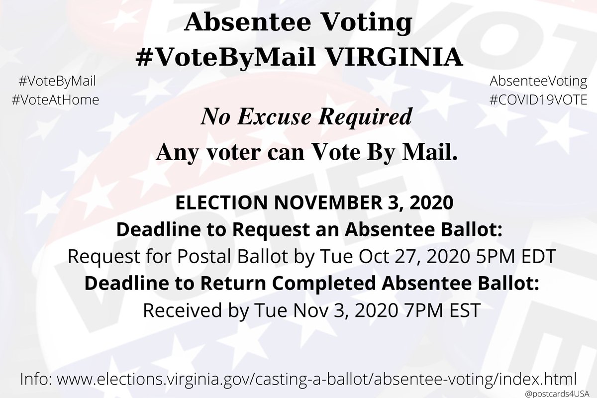 VIRGINIA  #VA  #VoteByMailApplication  https://vote.elections.virginia.gov/VoterInformationInfo  https://www.elections.virginia.gov/casting-a-ballot/absentee-voting/index.htmlCounty Registrars  https://vote.elections.virginia.gov/VoterInformation/PublicContactLookup #AbsenteeVoting  #DemCastVA THREAD  #PostcardsforAmerica