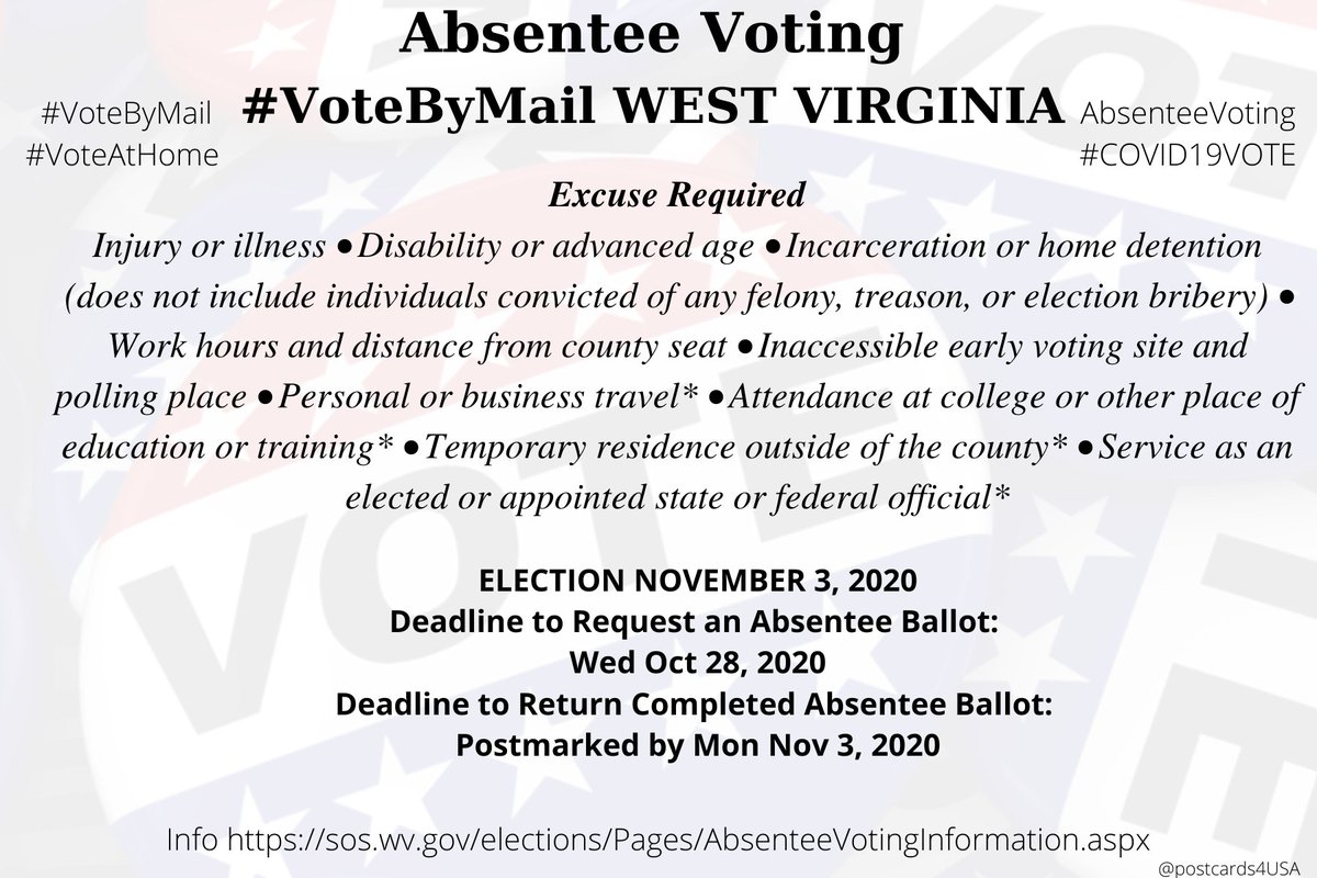 WEST VIRGINIA  #WV  #VoteByMailApplication:  https://sos.wv.gov/FormSearch/Elections/Voter/Absentee%20Ballot%20Application.pdfInfo  https://sos.wv.gov/elections/Pages/AbsenteeVotingInformation.aspxCounty Clerks  https://sos.wv.gov/elections/Pages/CountyClerkDirectory.aspx* Primary Apply by May 6th Return by postmarked by the day before the election. #AbsenteeVoting  #DemCastWV THREAD  #PostcardsforAmerica