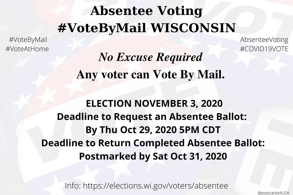 WISCONSIN  #WI  #VoteByMailApplication  https://elections.wi.gov/forms/el-121-englishInfo  https://elections.wi.gov/voters/absentee County Election Offices  https://elections.wi.gov/clerks/directory/county-websites* Primary Apply by April 3 5PM, Return received by 8PM on election day #AbsenteeVoting  #DemCastWI THREAD  #PostcardsforAmerica