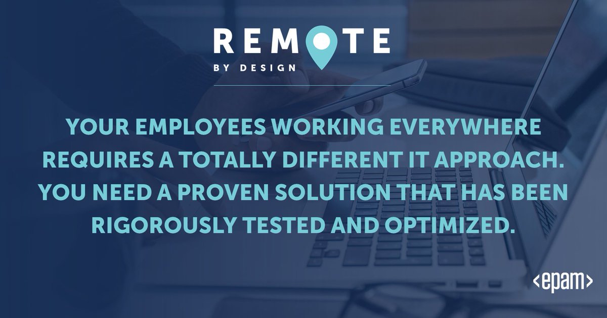 EPAMSystems's tweet image. “Work From Home” is just another virtual location for EPAM’s Remote By Design™. From Consulting and Design, to Engineering and Managed Services, our solutions deliver value and assurance.  Learn more: ow.ly/WZow50yVdjZ #RemoteByDesign #workfromhome
