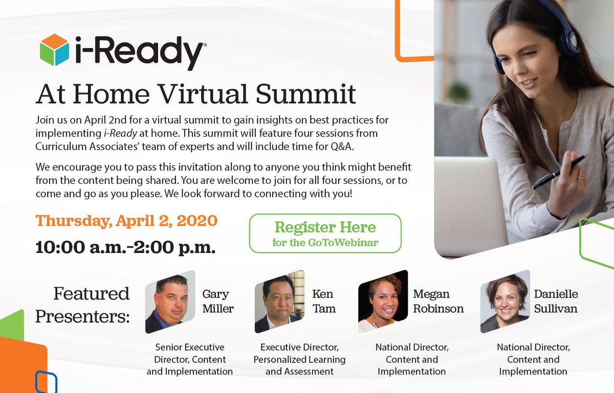 CurriculumAssoc's tweet photo. Join us on 4/2 for a virtual summit on best practices for educators implementing #iReady @ home. Pass this invitation along to those you think might benefit from attending. We look forward to opening our virtual doors to you! https://t.co/4wjOxC9KGR to register &amp; learn more https://t.co/eGCn0AVlmN