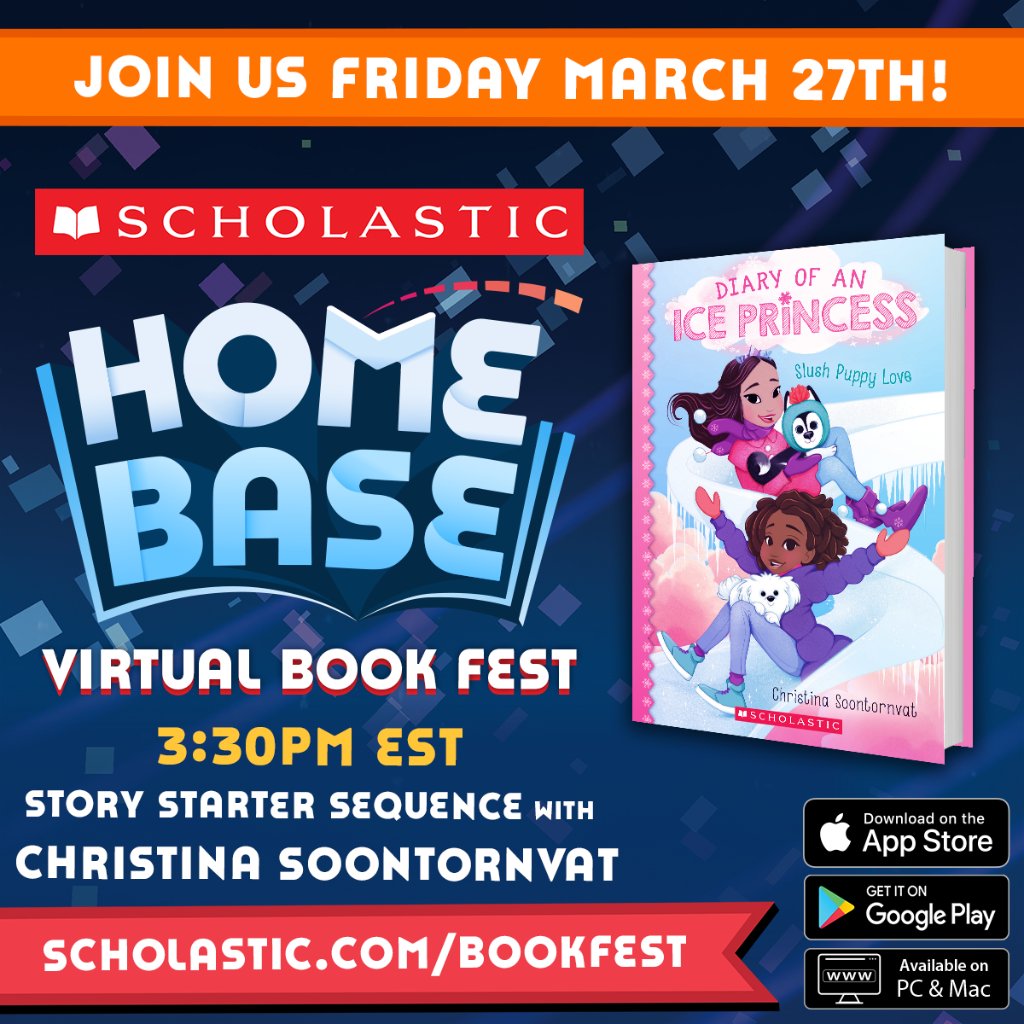 Scholastic's tweet photo. Tomorrow we're having our second #HomeBaseBookFest! Join authors @laurenTarshis, @soontornvat, @TraceyWestBooks, and @MimaWrites on Home Base starting at 3 pm EST. The fun happens here ➡️ https://t.co/LfdWogteQV https://t.co/zVTWpWKcsN