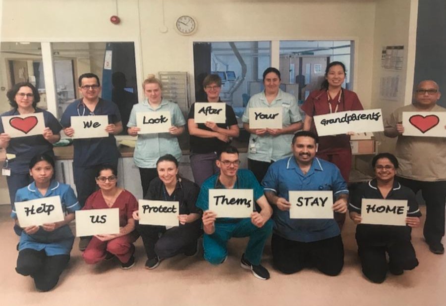 Staff <a href="/HHFT/">HandHandFingersThumb</a> join together with a message for their community! #StayHomeSaveLives #NHSheroes #Frailty #weloveourgrandparents Thank you ❤