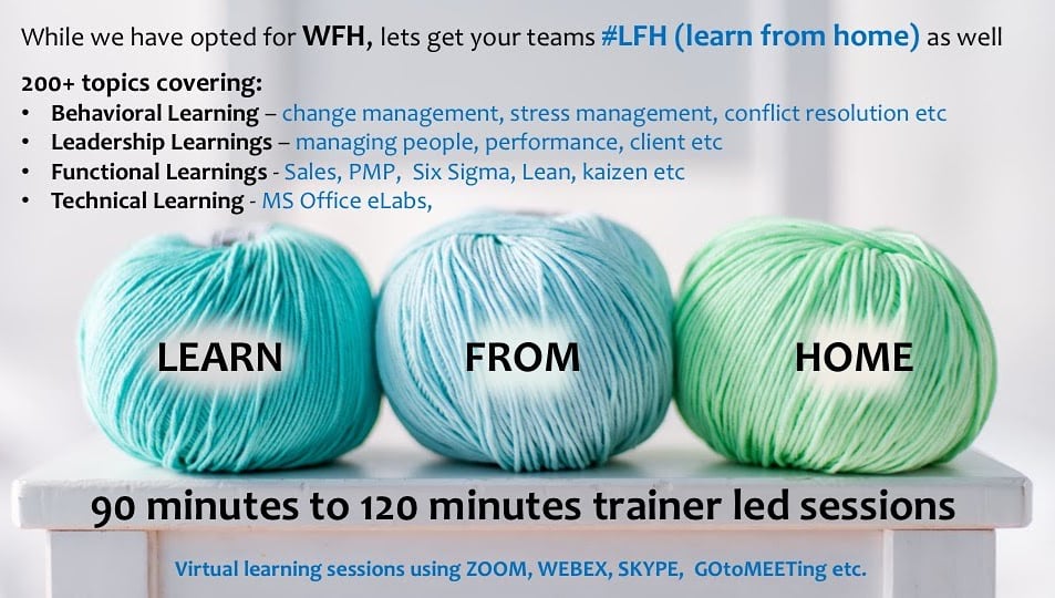 #LFH: Learn From Home  
Lets get your teams #LFH

#breakfreeconsulting #HRheads #virtuallearning #corporatetrainings #learningbydoing #humanresources #learninganddevelopment #eLearning #mobilelearning #edtech #LnDHeads #virtualtraining #learning #employeelearning