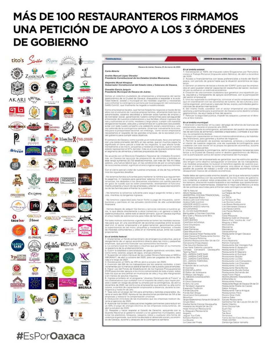 3istro's tweet photo. Firman más de 100 restauranteros petición de apoyo a los tres órdenes de Gobierno. #EsporOaxaca https://t.co/x4jRUz4bkC