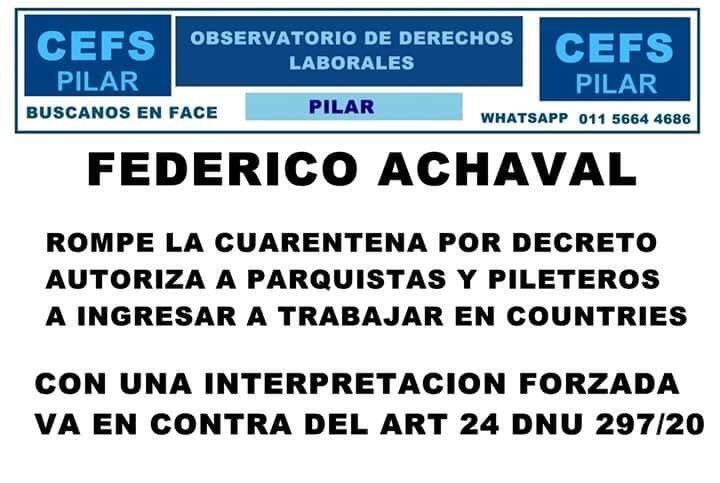 posicionpilar's tweet photo. NI A ALBERTO LE HACE CASO: 
@FedericoAchaval FIRMÓ UN DECRETO QUE ROMPE LA CUARENTENA OBLIGATORIA 

Para que los countrys tengan todo lo que piden. 

Achaval autorizó a jardineros, parquistas, pileteros a asistir a los barrios privados ya que quienes viven ahí se lo exigieron. https://t.co/LjRfAg8VmL