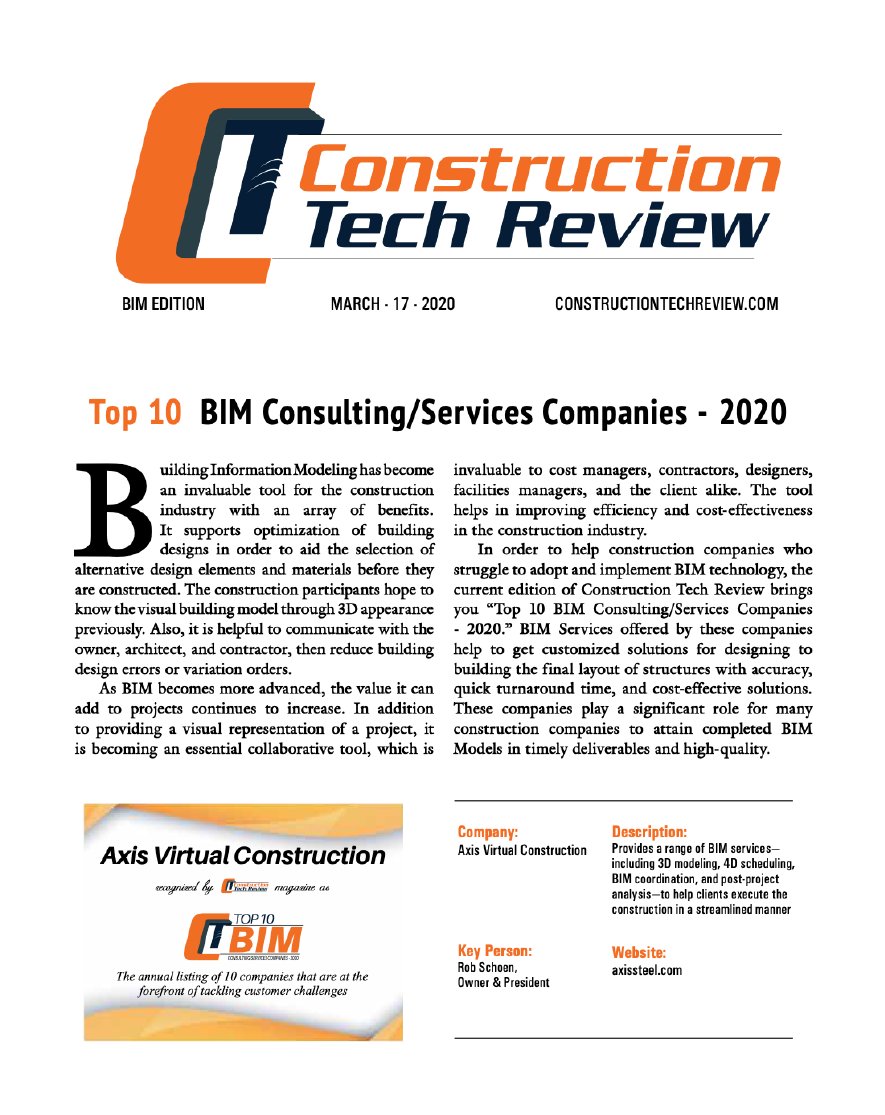 axissteel's tweet photo. We were named a Top 10 #BIM Consulting/Services Company of 2020 by #ConstructionTechReview Magazine!
We are incredibly honored to be recognized as a company that is at the forefront of tackling customer challenges in the #construction industry. https://t.co/UBas0p2665