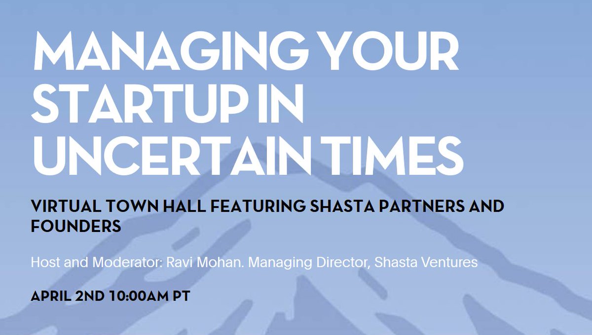 shasta's tweet photo. What is the role of the CEO and executive team in uncertain times? How can you minimize churn in a challenging economy? Hear from some of our most experienced partners and portfolio CEOs as they offer best practices. Join us for a virtual town hall on 4/2: https://t.co/0XlK01Hd0L https://t.co/CJjX6w9lDy
