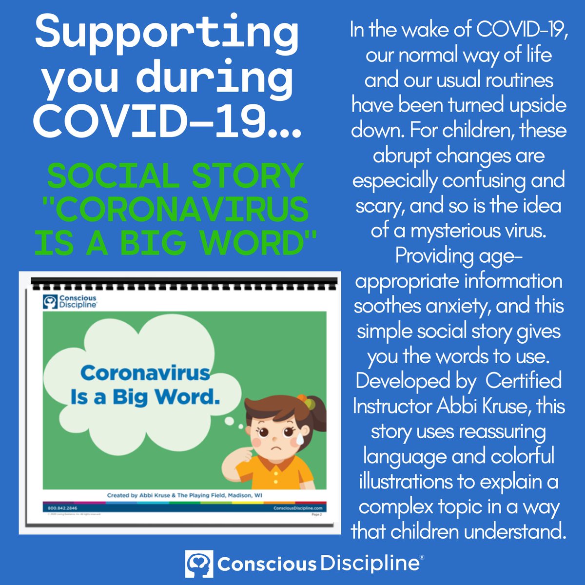 ConsciousD's tweet photo. For children, the abrupt changes that took place in the wake of #COVID_19 are especially confusing and scary, and so is the idea of a mysterious virus. This social story by Abbi Kruse gives you helpful words to use to soothe their anxiety. Download here: https://t.co/ApVtCCedy4 https://t.co/AURFvffX7l