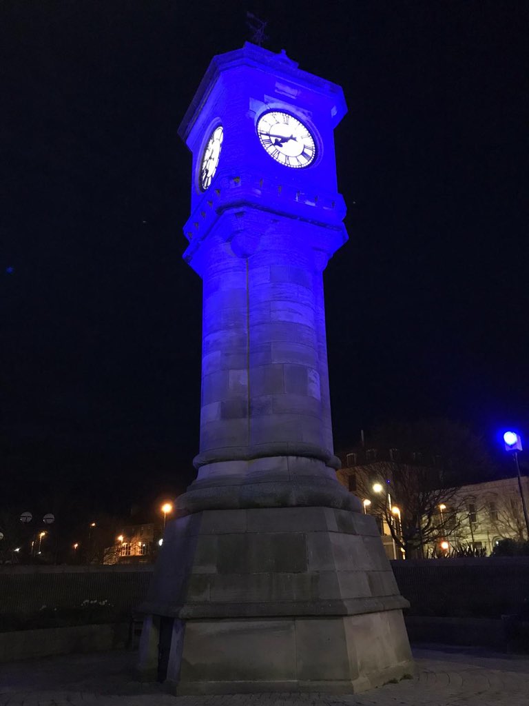 ANDborough's tweet photo. McKee Clock, Bangor &amp; Conway Square, Newtownards have turned blue this evening to support #ClapForOurCarers 
Mayor of Ards and North Down, Ald Bill Keery: “On behalf of Ards and North Down I want to say thank you to our frontline heroes in these unprecedented times”.
#LightItBlue https://t.co/KfjhRp9y5r