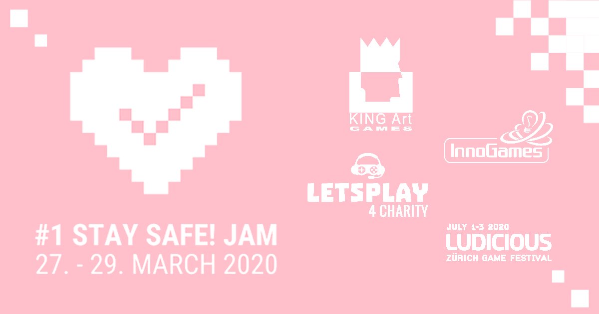 STAYSAFEJAM's tweet photo. We love all our supporters for #StaySafeJam! Take a look at these:  @KingArtGames , @LP4Charity , @innogames and @LudiciousFest

Check out all our supporters here:
https://t.co/QUxdDQ637z

#StayHomeSaveLives #FlattenTheCurve #devsvscovid19 #staysafe #IndieGameDev https://t.co/o6ImPTXSPt
