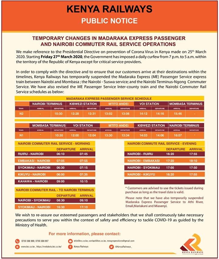 Contrary to misreporting by some media houses that we have suspended all Madaraka Express Passenger Services, we wish to confirm that we will be running the Madaraka Express Inter-county Trains which will be departing from Mombasa and Nairobi simultaneously at 10:30 am.