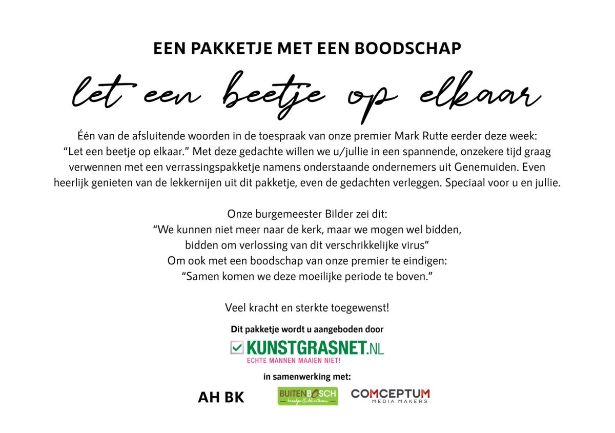 Vandaag mochten wij namens Kunstgrasnet.nl alle bewoners van de Meente een heerlijk verrassingspakketje aanbieden om ze een hart onder riem te steken in deze spannende en onzekere tijd! #leteenbeetjeopelkaar