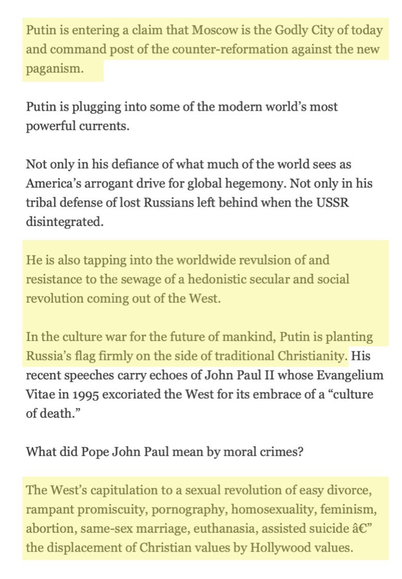 2013: Russia enacted anti-homosexual legislation. https://www.theguardian.com/world/2013/jun/30/russia-passes-anti-gay-law2014: Pat Buchanan noted that Putin was “entering a claim that Moscow is the Godly city of today” and stamping out western evil like easy divorce and homosexuality  https://buchanan.org/blog/whose-side-god-now-6337?doing_wp_cron=1576332923.92920303344726562500004/