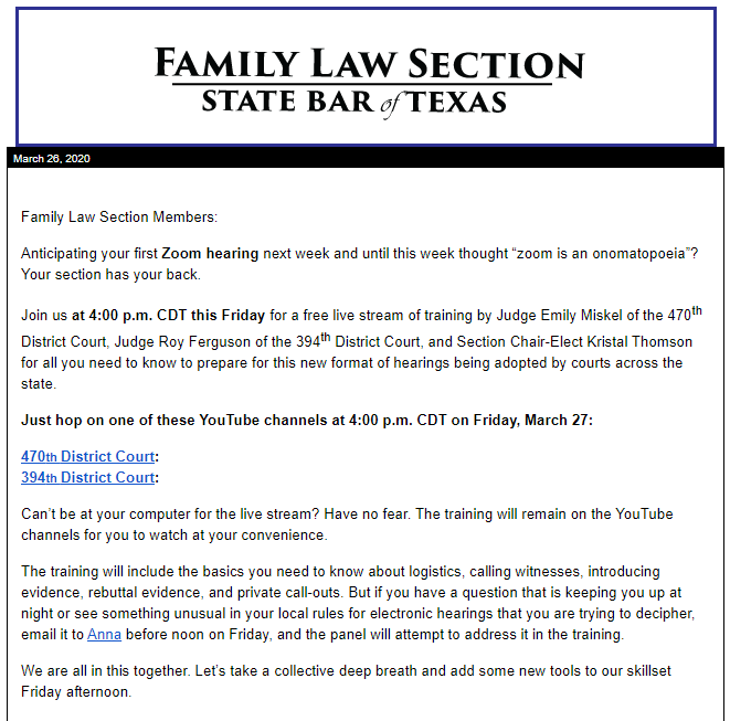 emilymiskel's tweet photo. I'm looking forward to doing a training on Zoom hearings for the @familylawSBOT with @JudgeFergusonTX and @kthomson318. Watch it tomorrow at 4pm on my YouTube channel https://t.co/ZoSw7by8Ei https://t.co/E1kFVp7xL1