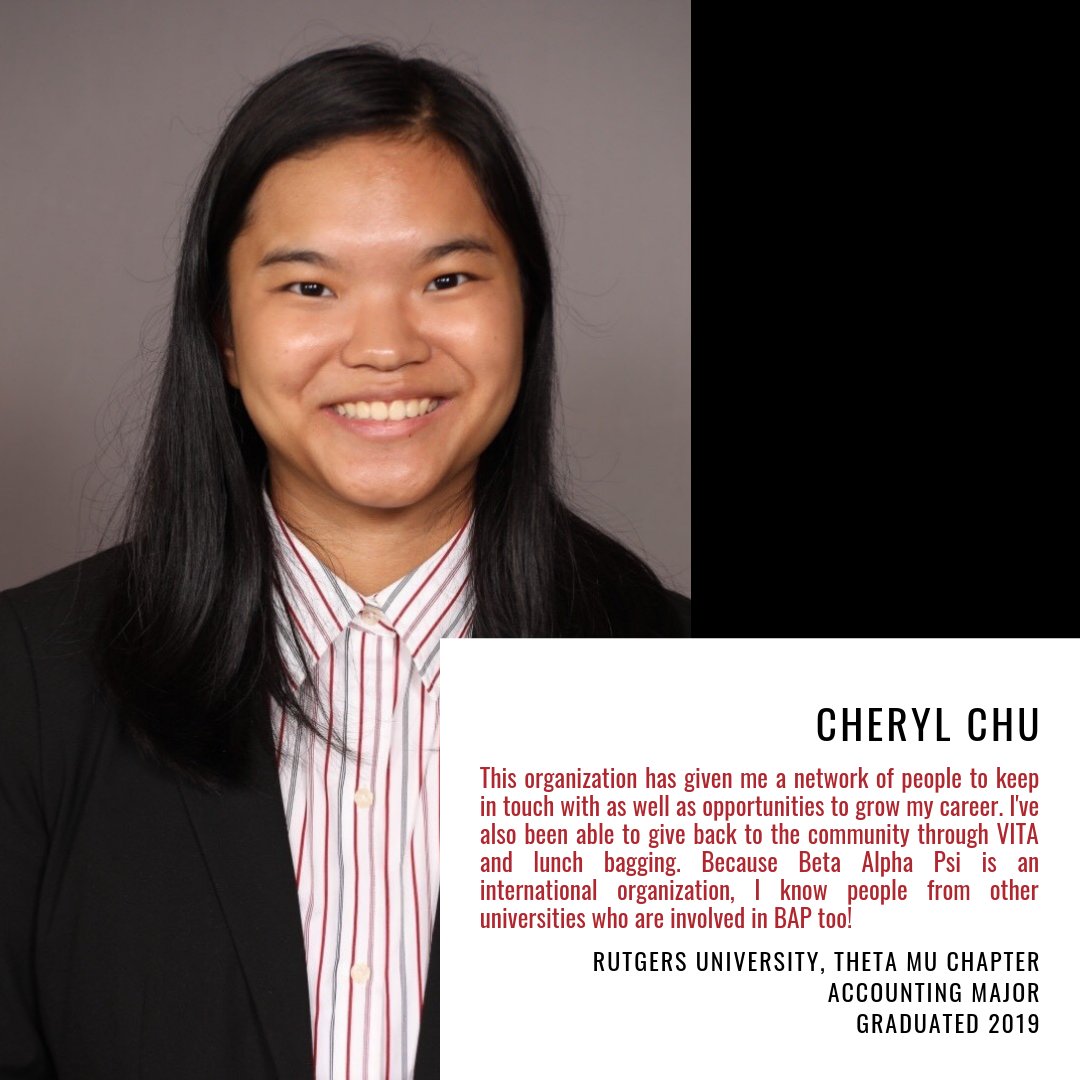 _BetaAlphaPsi's tweet photo. Throughout the year we will be spotlighting some of our Beta Alpha Psi student members! Today we are spotlighting Cheryl Chu. Be sure to follow along with #BAPStudentSpotlight https://t.co/6mHDgmnm0f