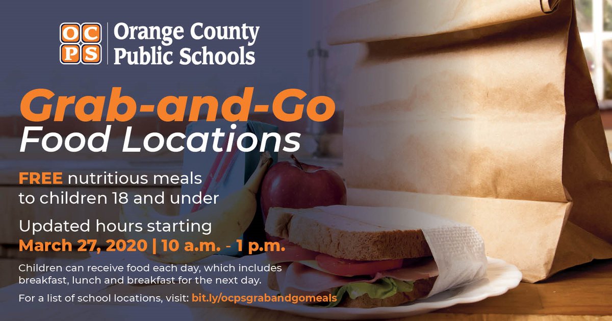 Grab-and-Go Food locations for free nutritious meals to children 18 and under. *UPDATED HOURS* starting March 27, 2020 10 a.m. – 1 p.m. 
bit.ly/ocpsgrabandgom…