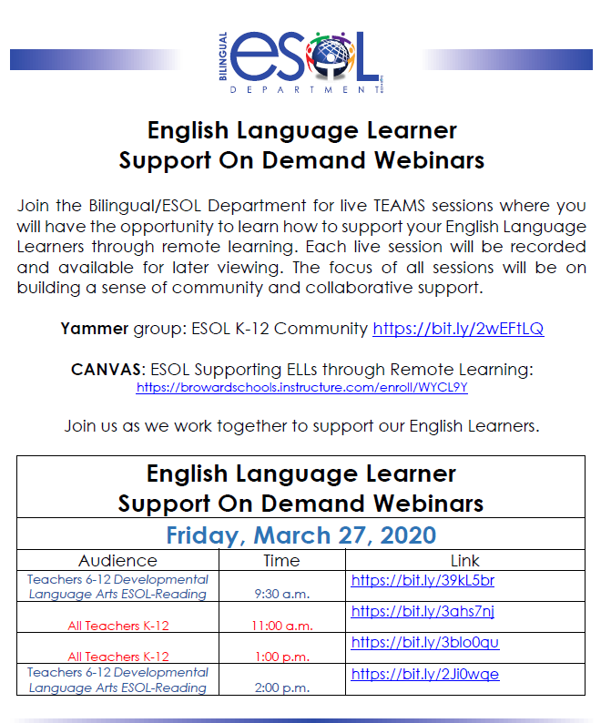 BrowardESOL (@browardesol) on Twitter photo Join us to learn how to support your ELLs during our live webinars on Friday 3/27/20. <a href="/BrowardESOL/">BrowardESOL</a> <a href="/principalvoices/">Valerie Smith Wanza</a> <a href="/danielgohl/">Daniel Gohl</a> <a href="/gbarmoha/">Guy Barmoha</a> <a href="/drnmancini/">Dr. Nicole M. Mancini, CCC-SLP</a> @ESCadre9 Join us to learn how to support your ELLs during our live webinars on Friday 3/27/20. <a href="/BrowardESOL/">BrowardESOL</a> <a href="/principalvoices/">Valerie Smith Wanza</a> <a href="/danielgohl/">Daniel Gohl</a> <a href="/gbarmoha/">Guy Barmoha</a> <a href="/drnmancini/">Dr. Nicole M. Mancini, CCC-SLP</a> @ESCadre9