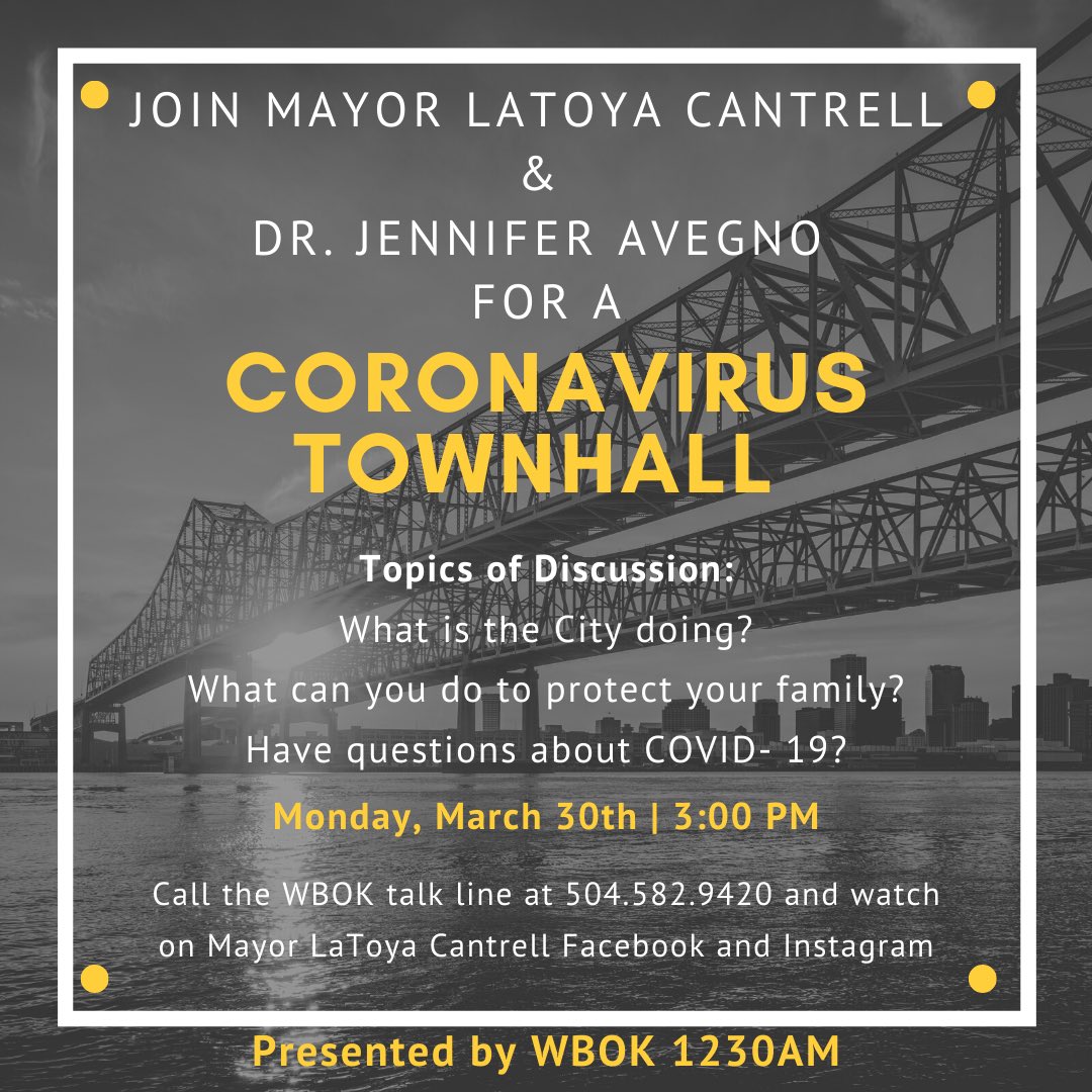 CityOfNOLA's tweet photo. Mayor LaToya Cantrell • #Coronavirus Town Hall • Mon, March 30th • 3PM
☎️ Call #WBOK: 504.582.9420
🎥: Instagram/ Facebook @MayorCantrell
Mayor Cantrell & Dr. Avegno, Director @nolahealthdept, sit down at @wbok1230 radio for a #Covid19 town hall. https://t.co/A05lyqxB6y https://t.co/mQmjzGksAG