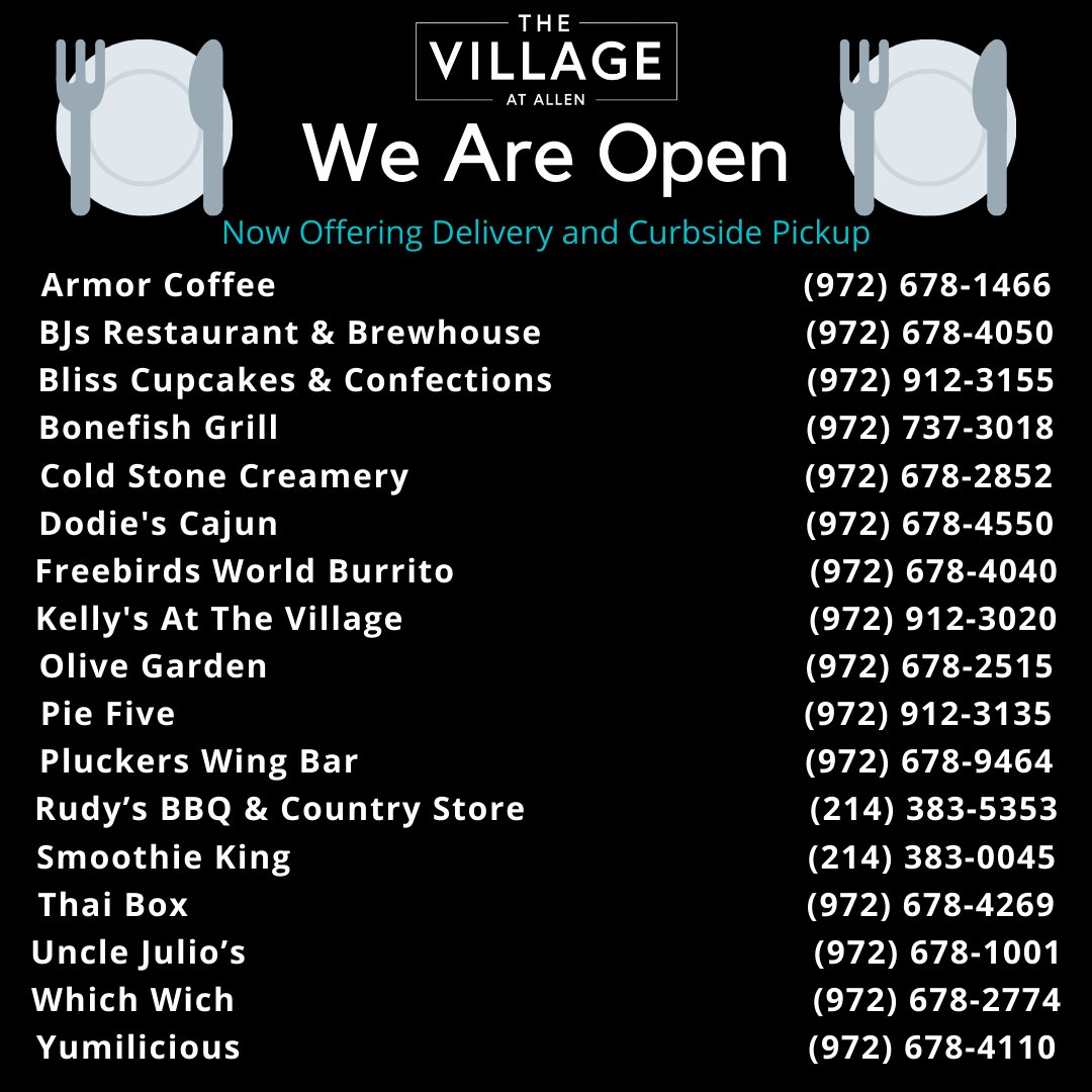 VillageShopping's tweet photo. SUPPORT LOCAL! 💛 Order from your favorite Village restaurants listed below! 🍽 #visitallen @visitAllenTexas #dfw #collincounty #allentx https://t.co/V1UvqzZ7qm