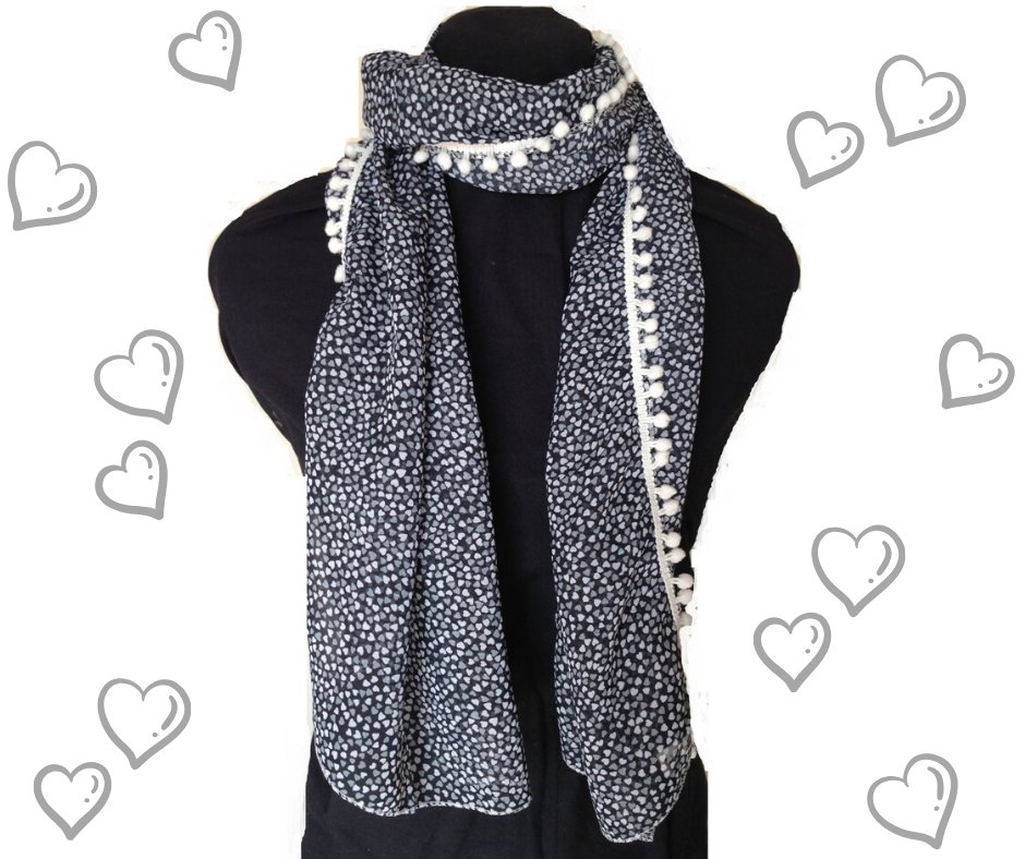 PamperTracy's tweet photo. Black with white and grey small hearts with beautiful white bobble trim - the perfect pick me up in these challenging times. 

£4.99

https://t.co/MmlnFOqamK

#scarf #fashion #affordablefashion #gift #giftidea #accessories https://t.co/kJJ2RSKUQ6