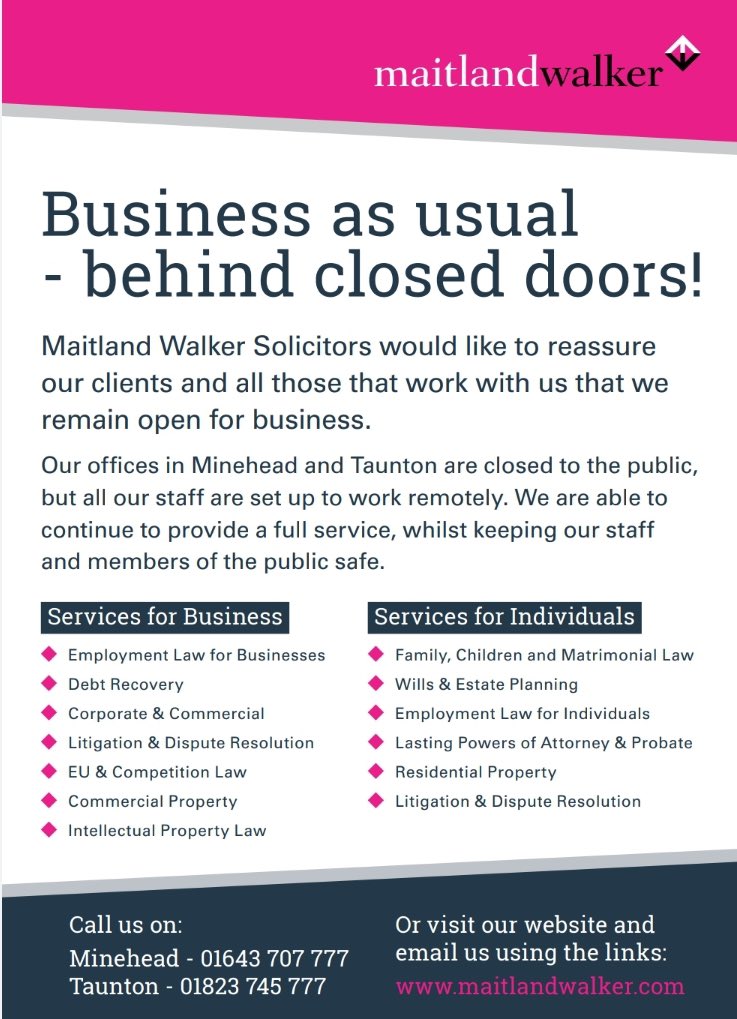 <a href="/MW_Solicitors/">Maitland Walker LLP</a> 
Business as Usual  #solicitors  #taunton #minehead #Law