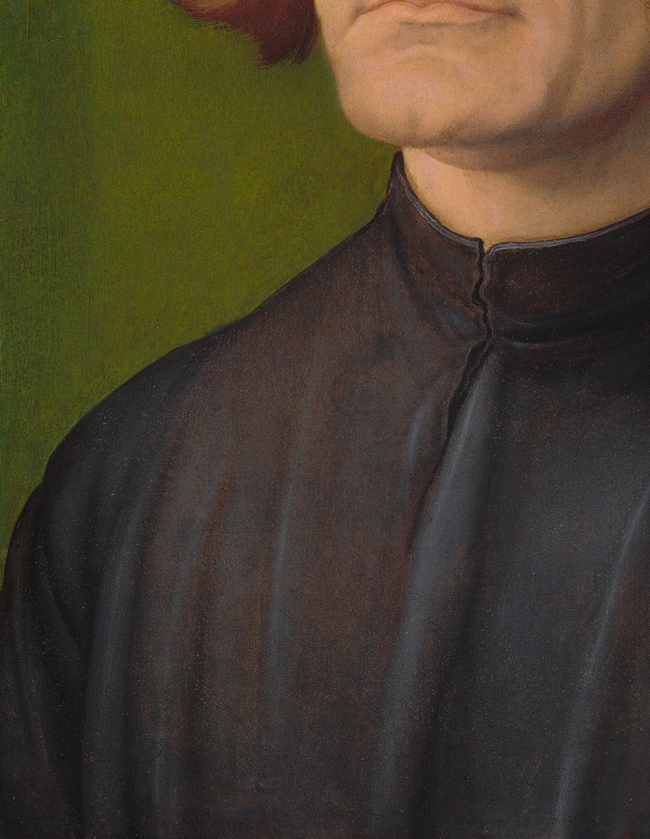 The remarkable portrait was painted on parchment rather than wood, giving the paint surface a fine, smooth quality and lending a richness to the colors.