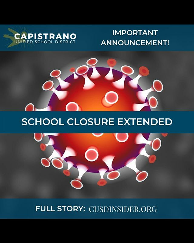 CESChampions's tweet photo. Important Announcement: The Capistrano Unified Board of Trustees voted to continue #distancelearning and extend school closures through May 1, 2020, during a March 25 special meeting. Visit https://t.co/WPSQUYr5rN to review the complete announcement to f… https://t.co/DWb67AWBxs https://t.co/HeOgWL6uFD
