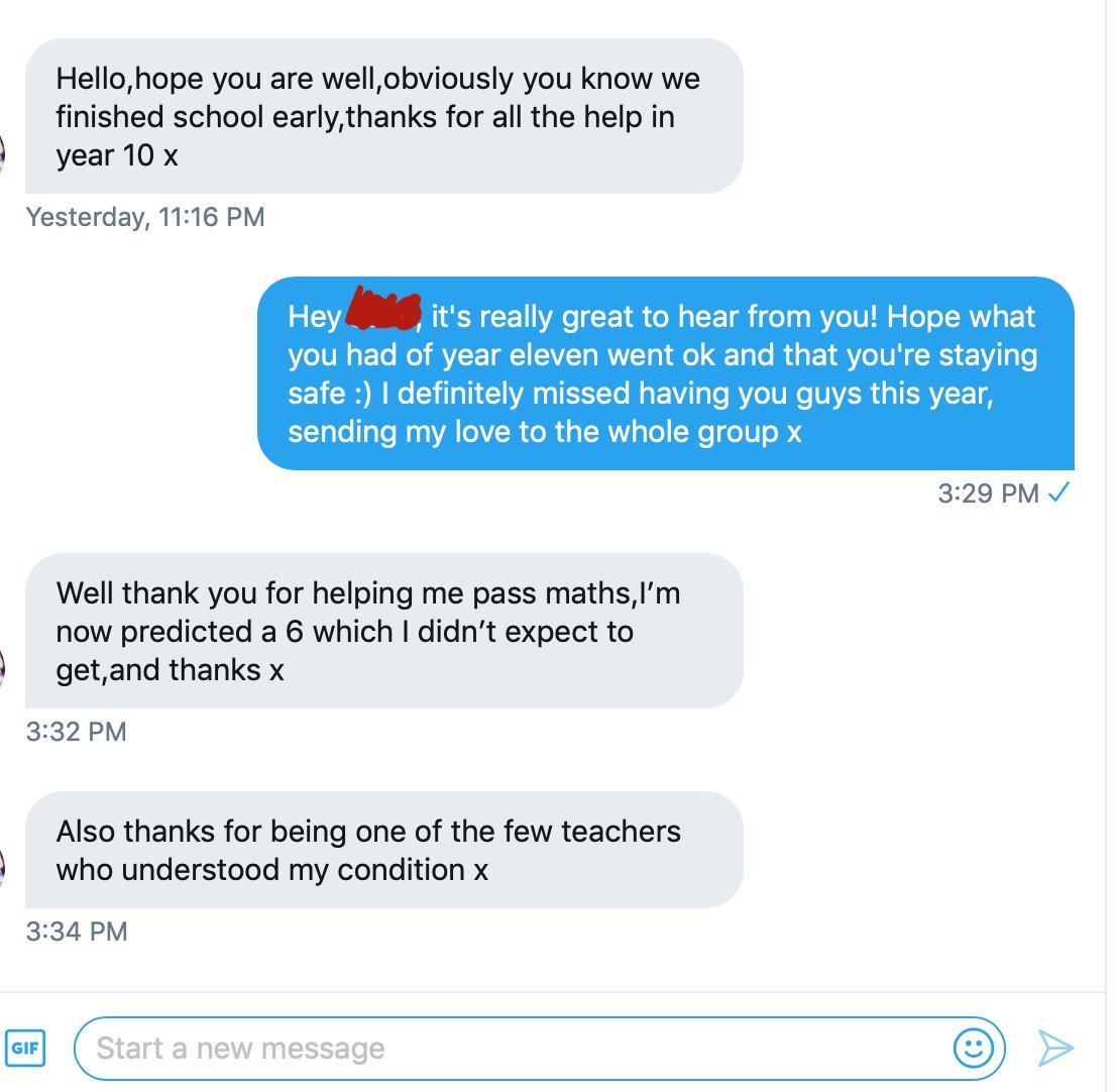 CameronKegel's tweet photo. Just received this amazing message from one of my old students. Missing all of my old students from Netherwood, especially my incredible year tens! Gutted they've put in so much work for their GCSEs and aren't able to sit them anymore, hope they all get the grades they deserve! https://t.co/Ar09MKmzP2