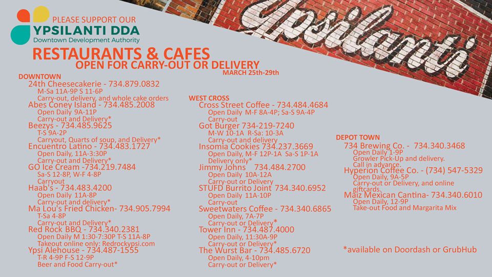 Our friends at the Ypsilanti DDA prepared this helpful graphic for carryout and delivery for #Ypsi businesses located in the DDA. 🍴Be sure to check to make sure the restaurant is open! Note that Wok Mandu should be added to the graphic. #YpsiReal ow.ly/zRGC50yWAda