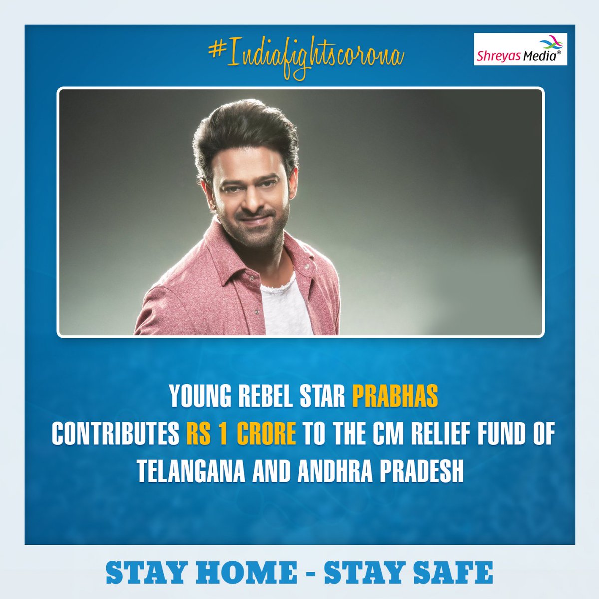 ManojNmk3's tweet photo. YoungRebelStar #Prabhas Raju lantimanasucontributes Rs1Crore to the CM relief fund of Telangana and Andhra Pradesh
కరోనా వైరస్ నిర్మూలన కోసం తెలంగాణ ఆంధ్ర ప్రదేశ్ సీఎమ్ సహాయ నిధి కి కోటి రూపాయల విరాళాన్ని ప్రకటించిన యంగ్ రెబల్ స్టార్ ప్రభాస్
 #StayHomeStaySafe #IndiaFightsCorona https://t.co/ERueI38EAA