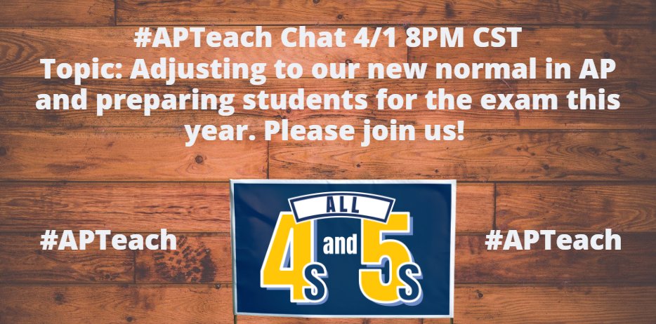 AndrewSharosAP's tweet photo. Our #APTeach chat is back to our normal schedule next week- the first Wednesday of the month at 8pm CST 4/1. This is a critical time for a conversation about AP changes, this year's test, and the road we will all take to help our students prepare. Please join us! 
#tlap @dbc_inc https://t.co/11ULZDmvOx