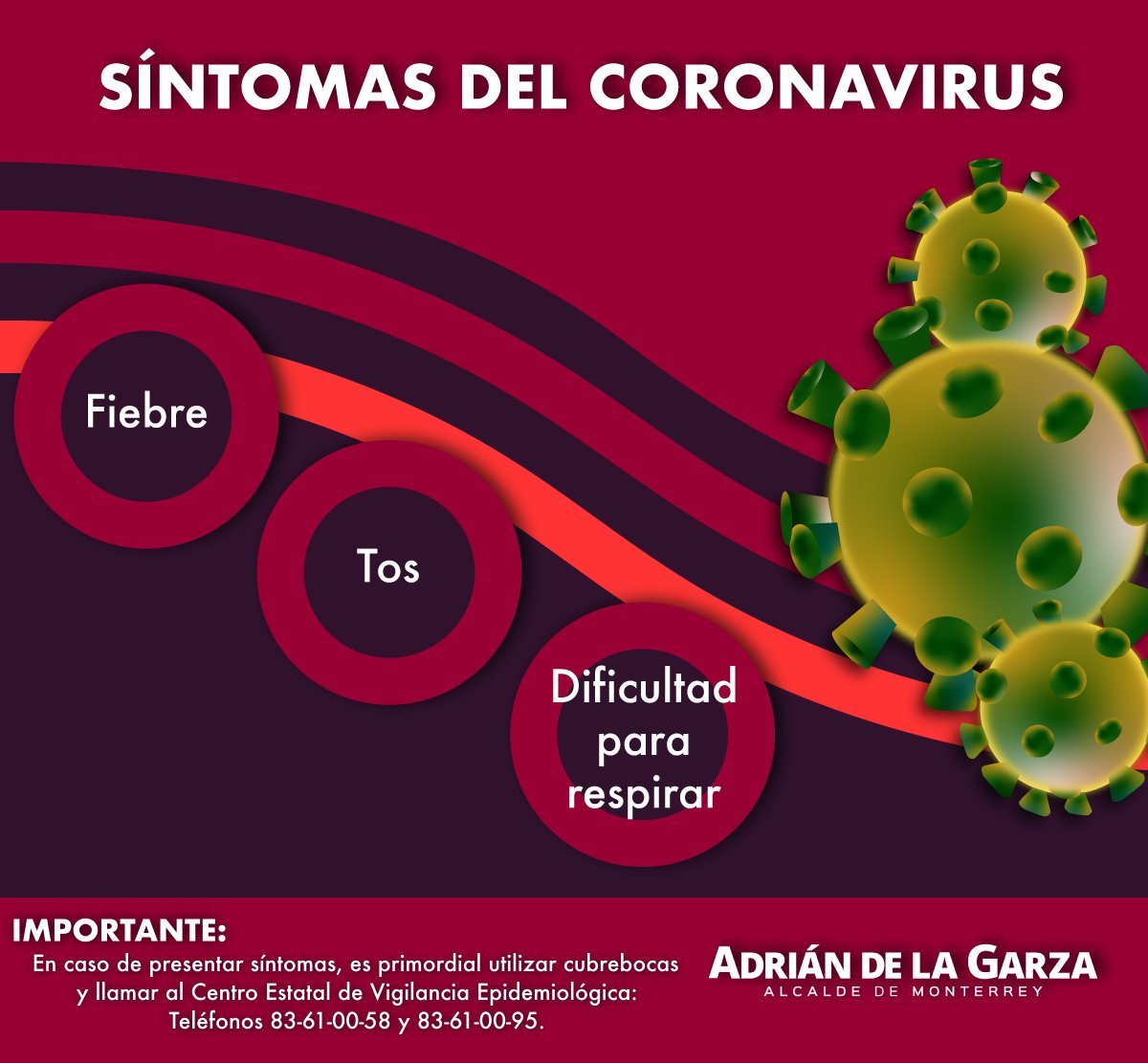 AdrianDeLaGarza's tweet photo. ¿Conoces los síntomas del Coronavirus (COVID-19)? Si presentas alguno ellos, por favor comunícate de inmediato al Centro Estatal de Vigilancia Epidemiológica, a los teléfonos 83-61-00-58 y 83-61-00-95. https://t.co/w0oMR4f2iP