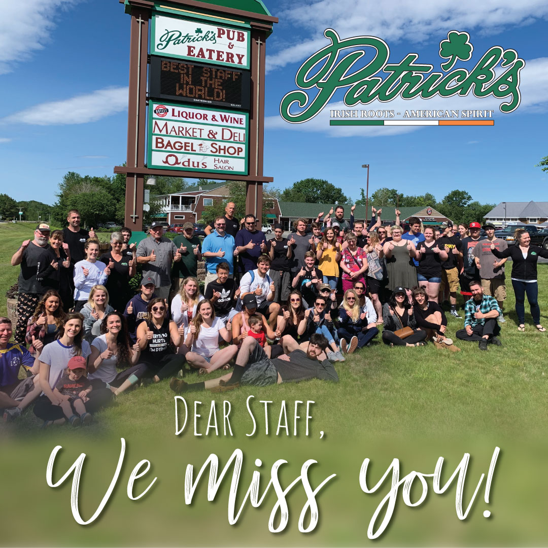 patrickspub603's tweet photo. Dear Staff... boy do we miss you! We think of you and your families daily and can't wait to have you all back home when we win this fight on COVID-19. #ThankfulThursday

#PatricksPubNH #LakesRegionNH #MoreThanJustAPub #NHRestaurants #GilfordNH #Community #ThankYou https://t.co/VhJllrOJdW