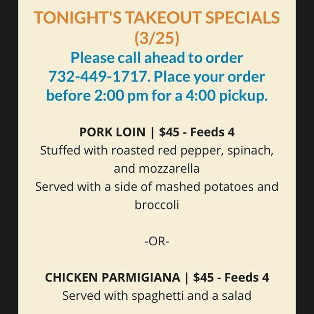 RaysCafeNJ's tweet photo. Open for takeout! Here are tonight’s dinner specials ! 🥩🍗🍝🍷 https://t.co/KZka0b9co2
