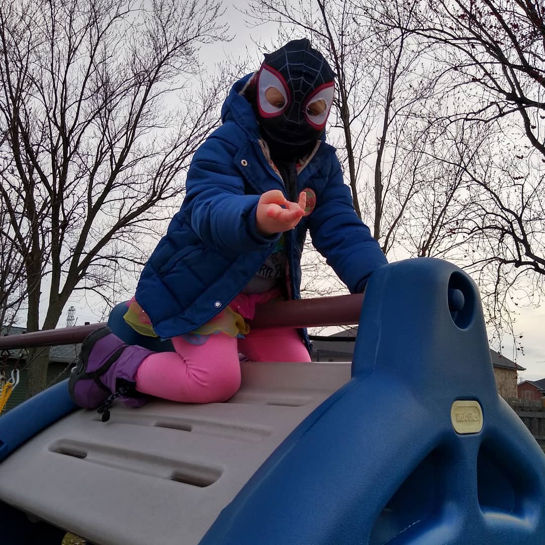 ElschnerShayla's tweet photo. Catie out side dressed up as Spider girl having fun swinging from rooftop to rooftop!!! https://t.co/fKEB7zSsUC