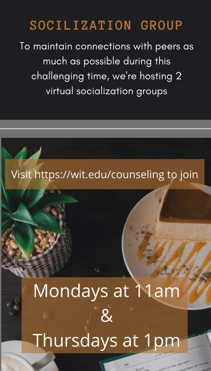 Witwellness's tweet photo. Maintain connections w/ your peers during this challenging time w/ 2 virtual socialization groups on Mondays from 11am to 12pm & Thursdays from 1pm to 2pm. Visit https://t.co/d4lqlIOZga to join! #BeWellatWIT #Wellness @wentworthinst @DeanWenner @witproject40 @witfitrec https://t.co/lxQ0Ni3Wea